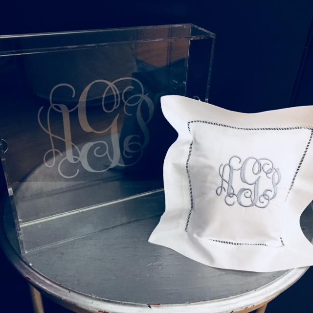 Embroidered Monogram Linen Square Pillow and Acrylic Tray