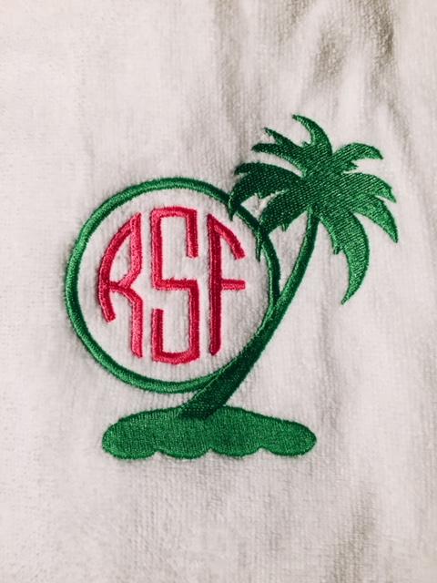 embroidered-monogram-wrap-towel-white- palm tree monogram